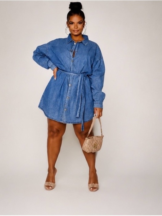 PrettyLittleThing Dresses & Skirts - PrettyLittleThing Denim Shirt Dress Belted Button Front Blue Mini Dress Size 16
